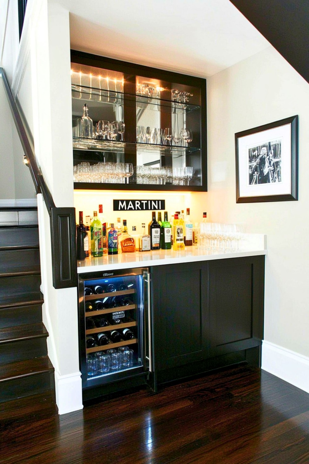Luxury Black and Glass Mini Bar Under Stairs