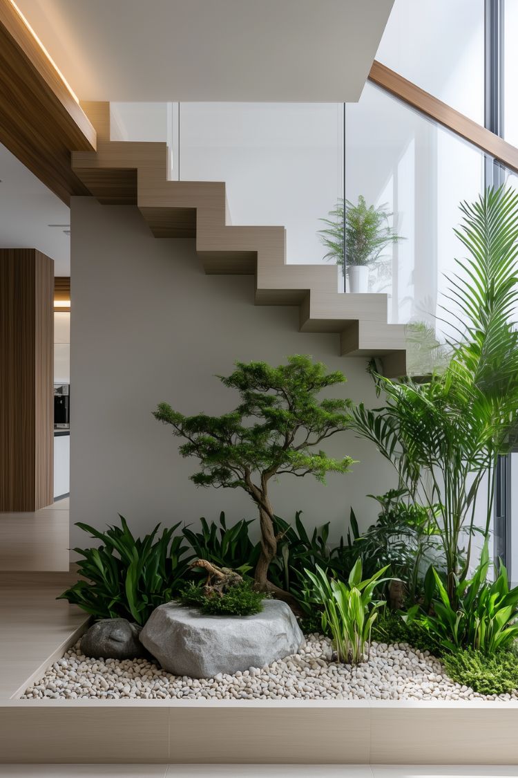 Minimalist garden with bonsai and tropical plants beneath stairs
