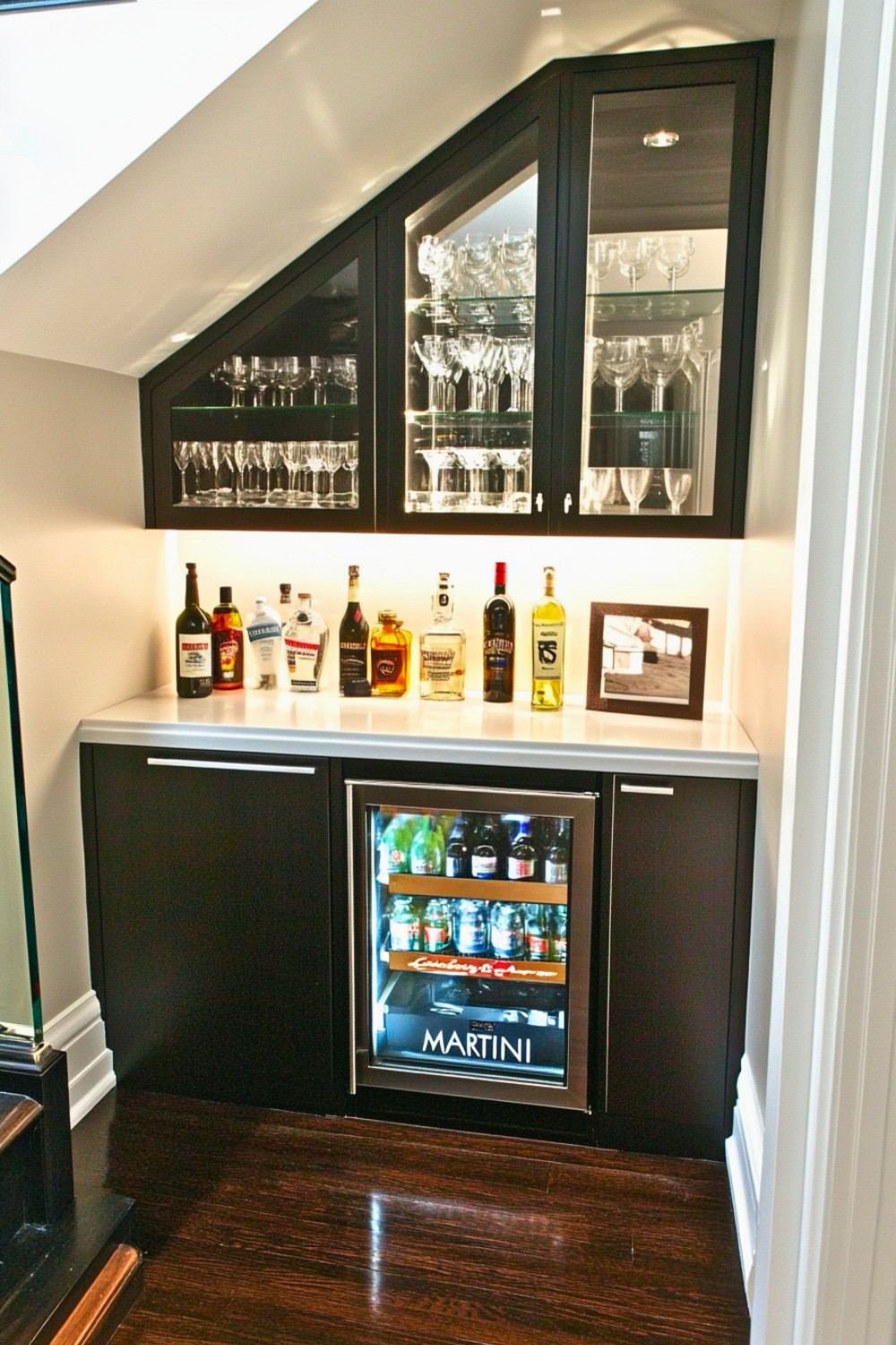 Modern Luxe Under-Stairs Mini Bar with Black Cabinets and Wine Storage