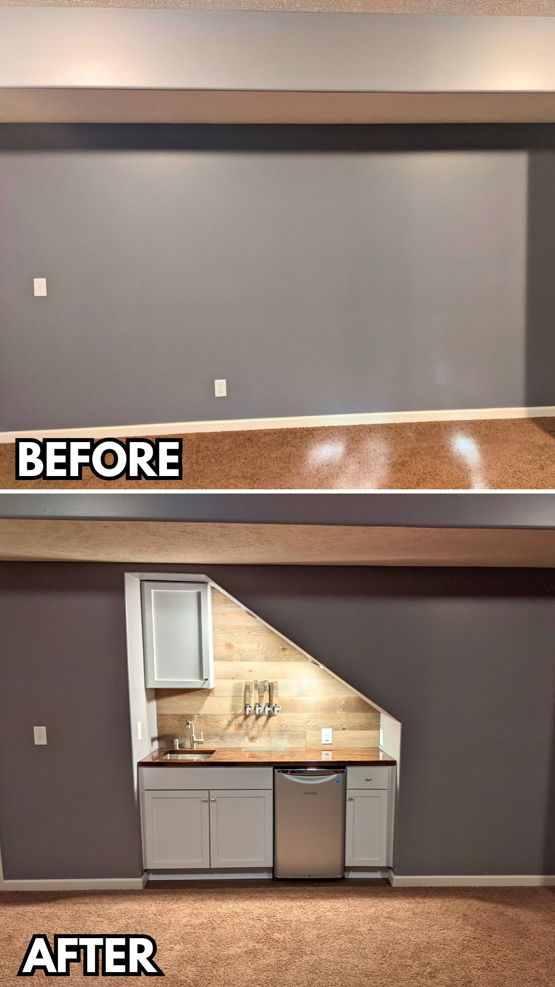 Modern Under‑Stairs Bar Build with Sleek Draft Taps and Wet Bar Design