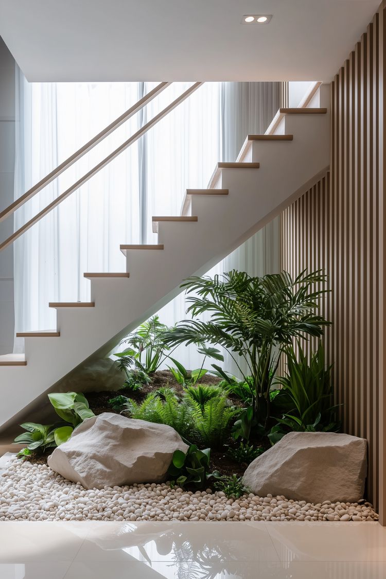 Neutral-toned setup with large rocks and tropical greenery below stairs