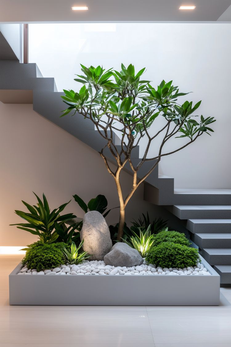 Structured planter with tree and low greenery under concrete stairs