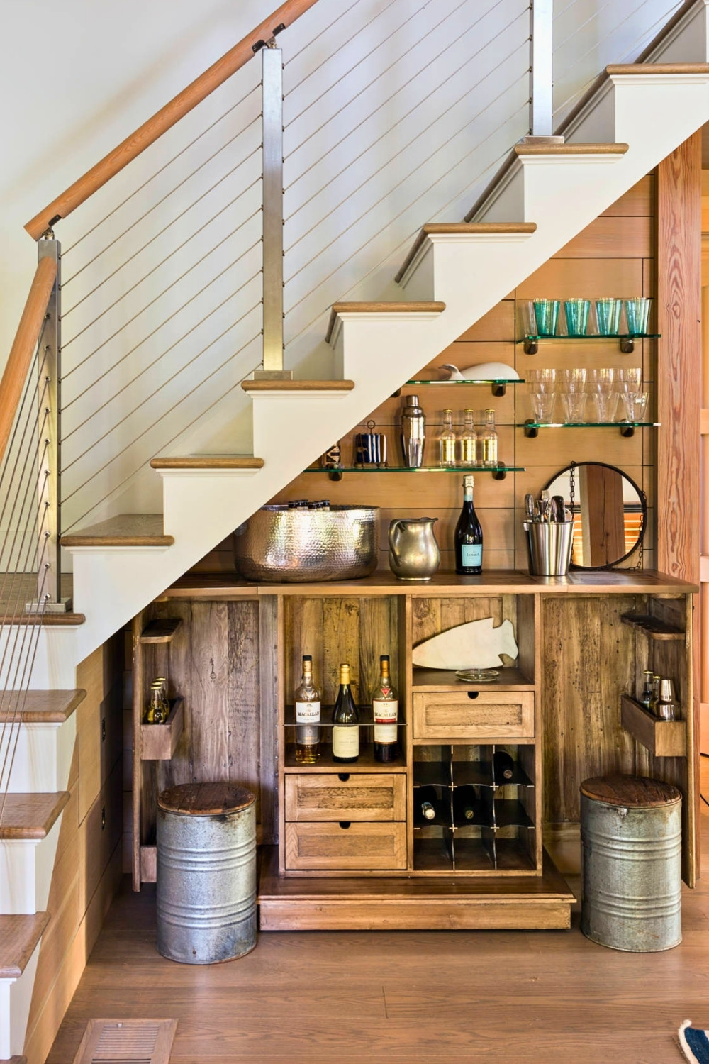 Under-Stairs Industrial Mini Bar With Rustic Shelves And Drawers For Small Spaces