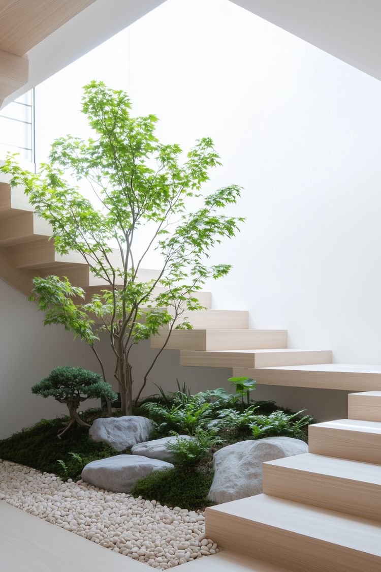 Zen-inspired setup with a tree moss and rocks under floating stairs