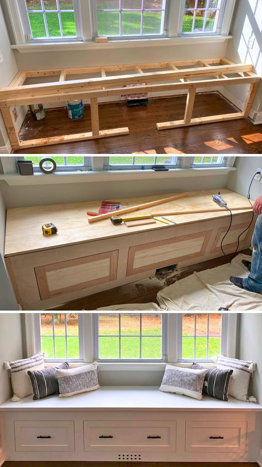 Built In Bedroom Storage Bench Under Window With Inset Drawers And Vent Grille