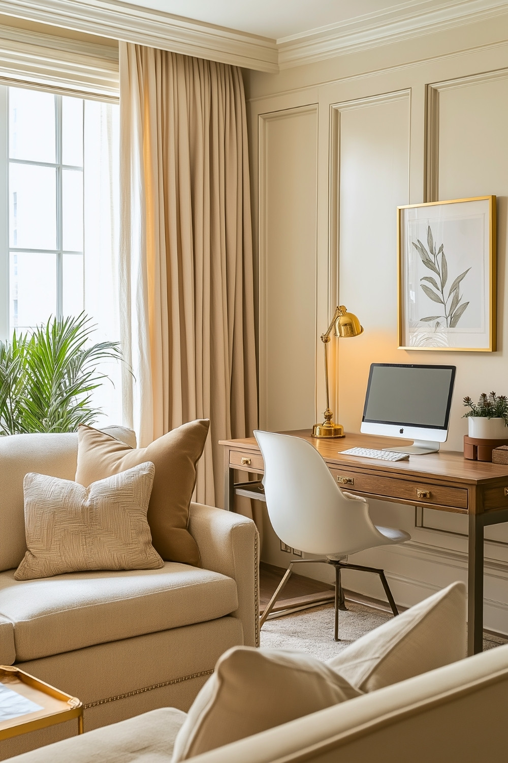 Elegant Neutral-Toned Living Room Office Combo with a Gold Lamp and Comfortable Armchair for a Home Workspace