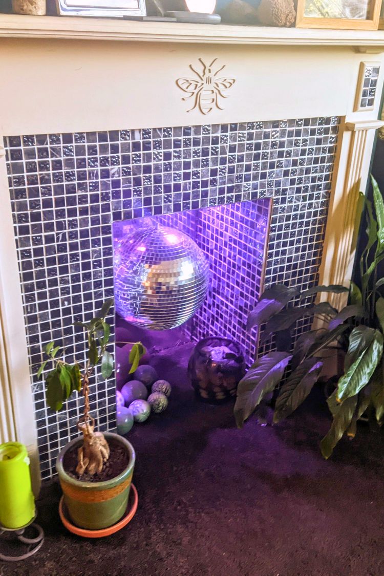 Fireplace repurposed into a plant display with purple LED lighting and tiled surround
