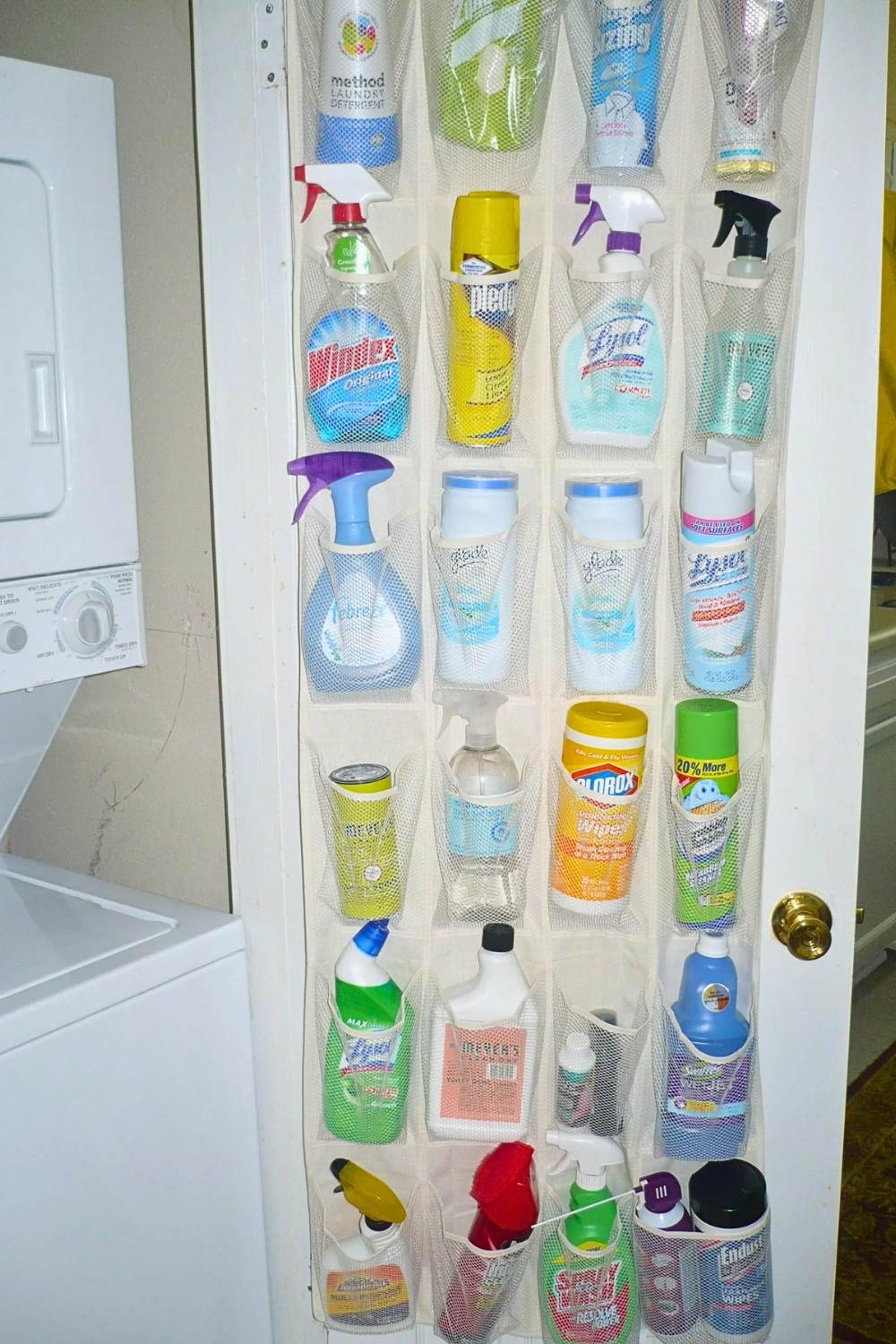 Hanging Shoe Rack Repurposed for Laundry Room Cleaning Supply Organization