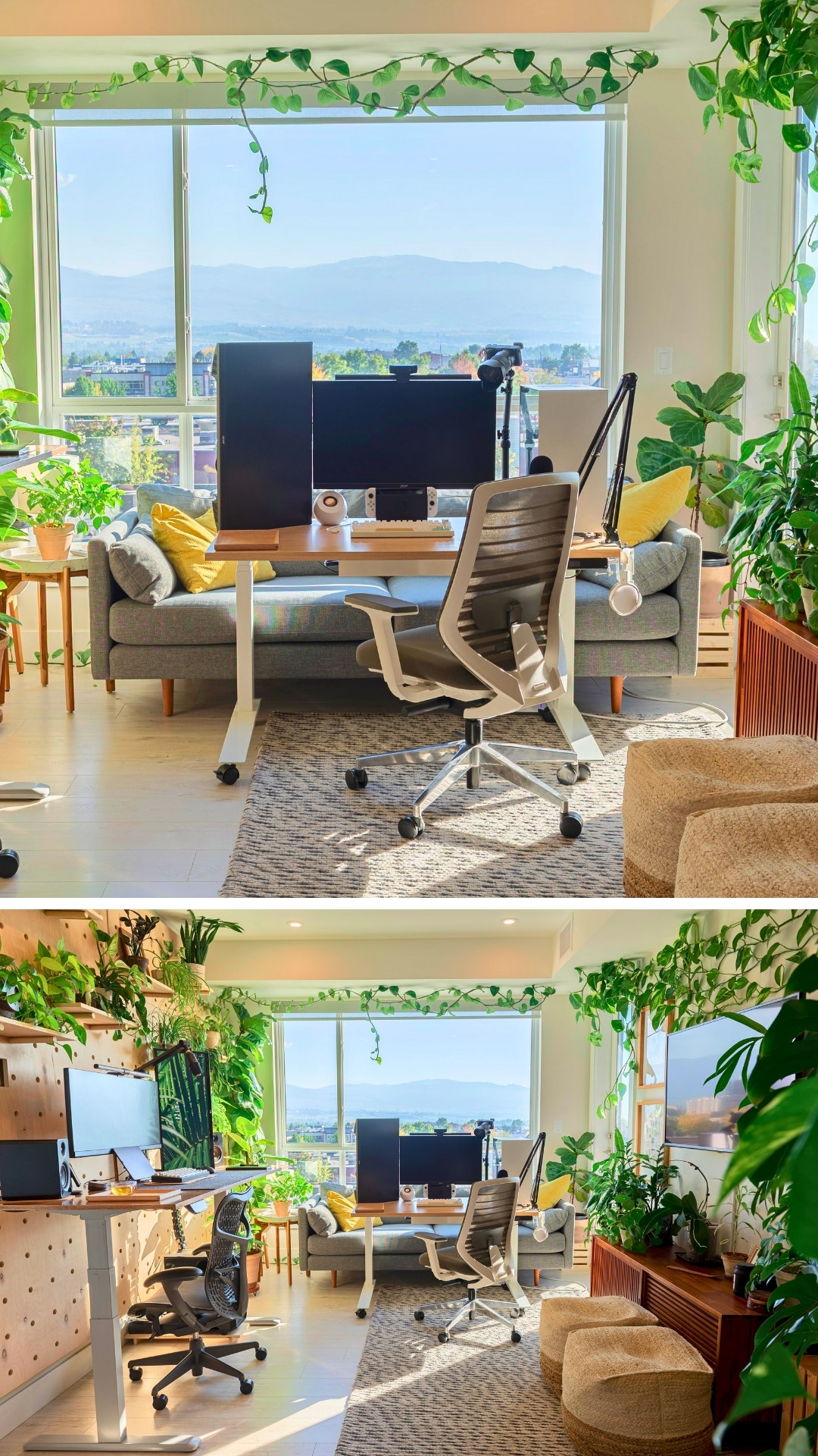 Living Room Office Corner With Large Window And Lush Green Plants