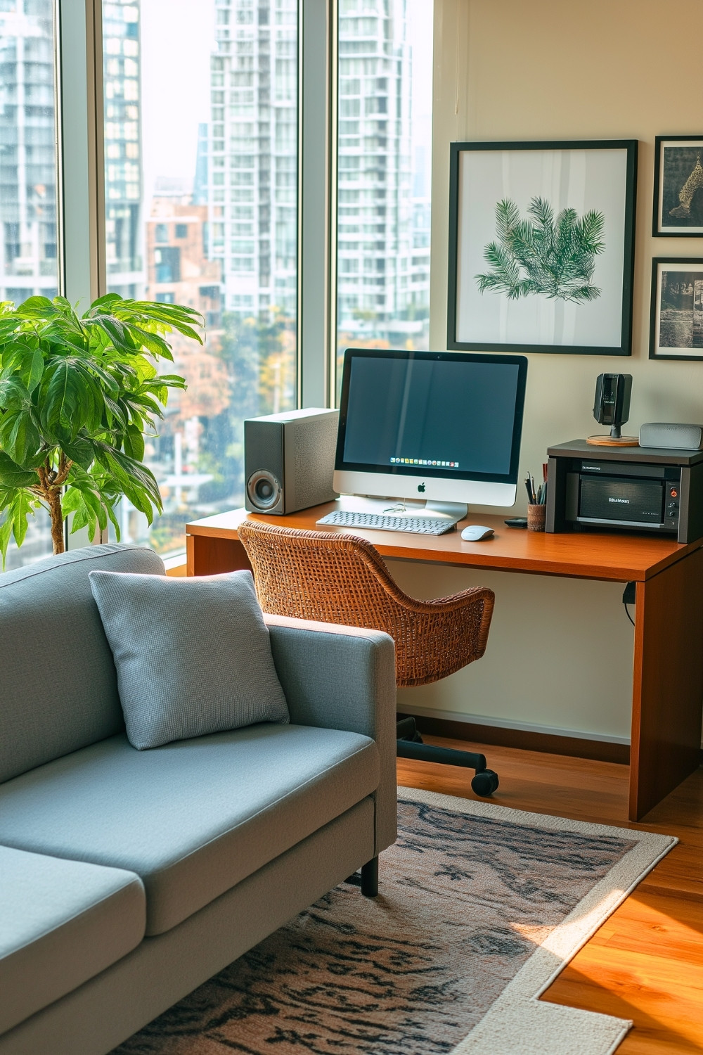 Modern Living Room Office Combo with City View and Rattan Chair for a Cozy Apartment Workspace