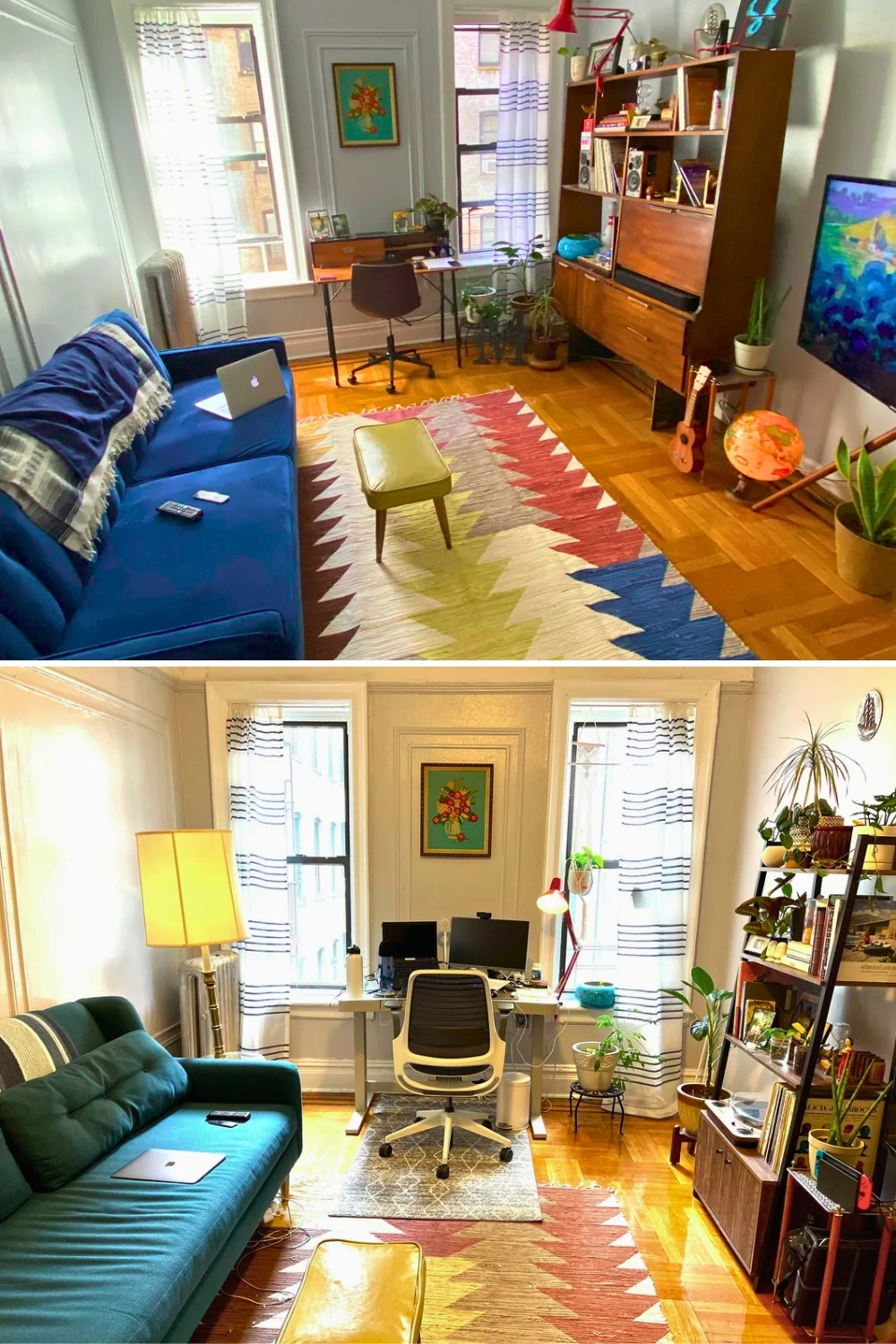 Modern Vintage Living Room Workspace With Wooden Desk And Retro Cabinet