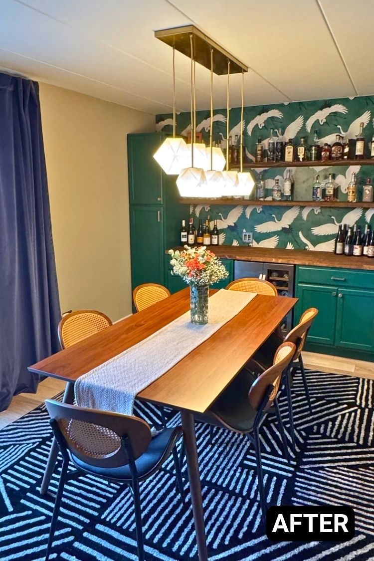 After – Bold dining room with wallpaper and mid-century style (2)
