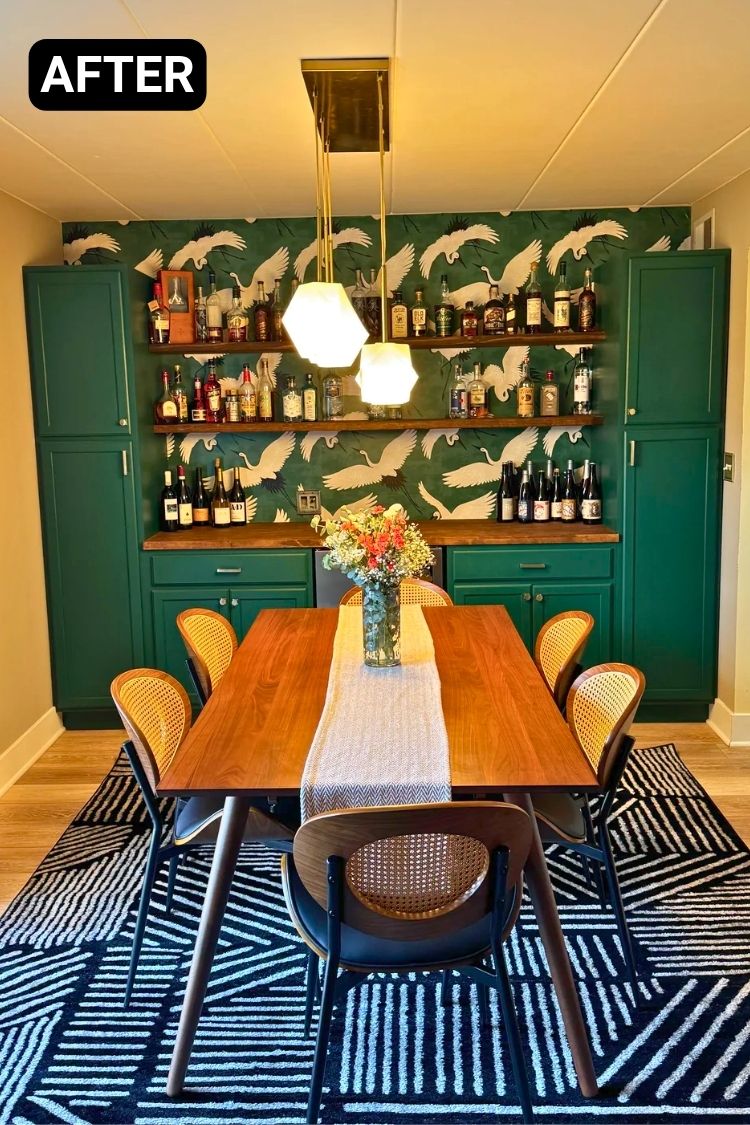 After – Bold dining room with wallpaper and mid-century style