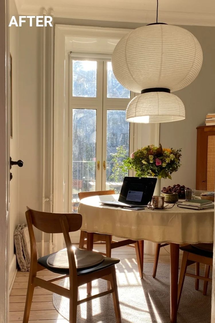 After – Bright dining room with wood table and round pendant