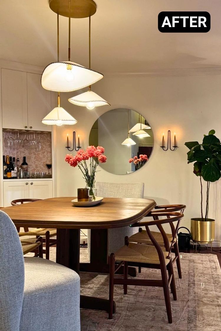 After – Elegant dining room with circular table and pendant lights
