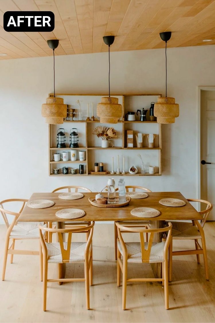 After – Minimalist dining room with open shelving