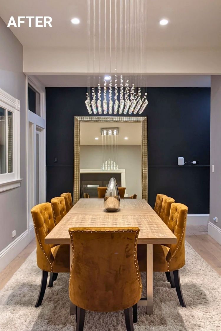 After – Modern dining room with velvet chairs and chandelier