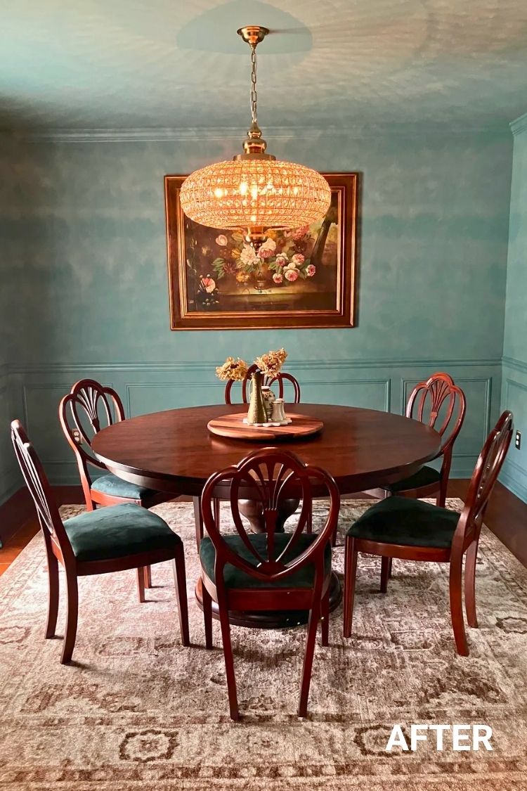 After – Same room with updated paint and chandelier