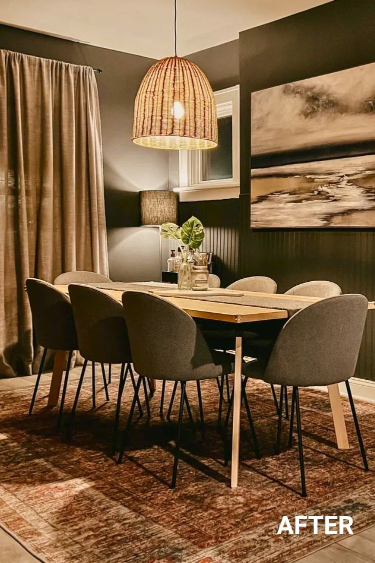 After – Stylish dining area with moody tones and art