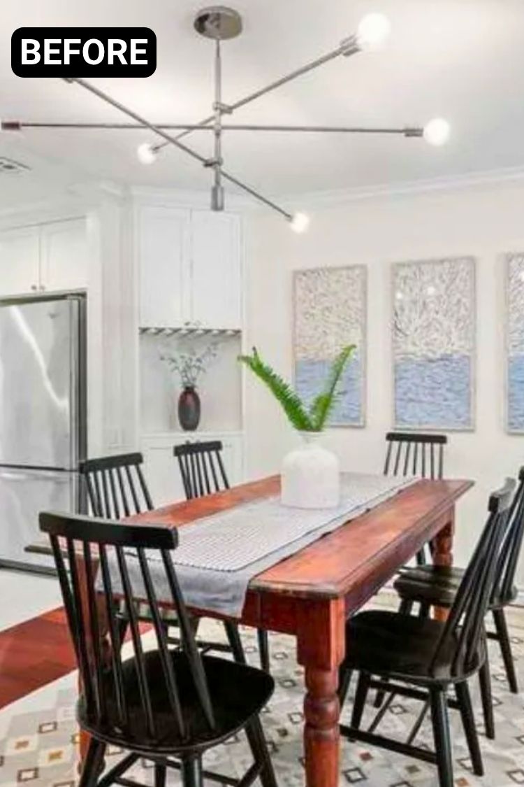 Before – Bright dining room with black chairs and art