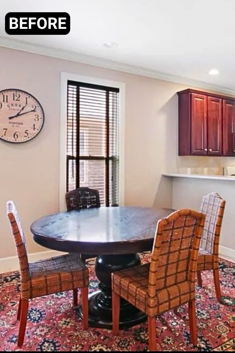 Before – Dining nook with red rug and round table