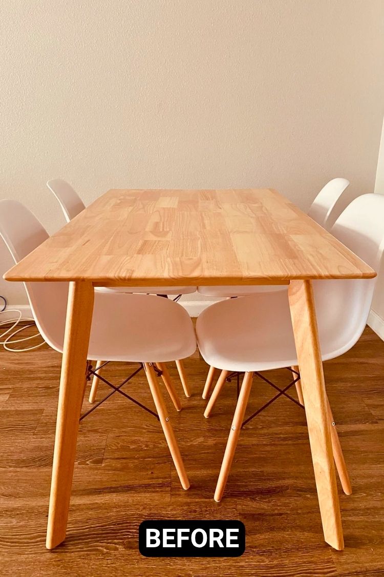 Before – Simple wooden table and white chairs