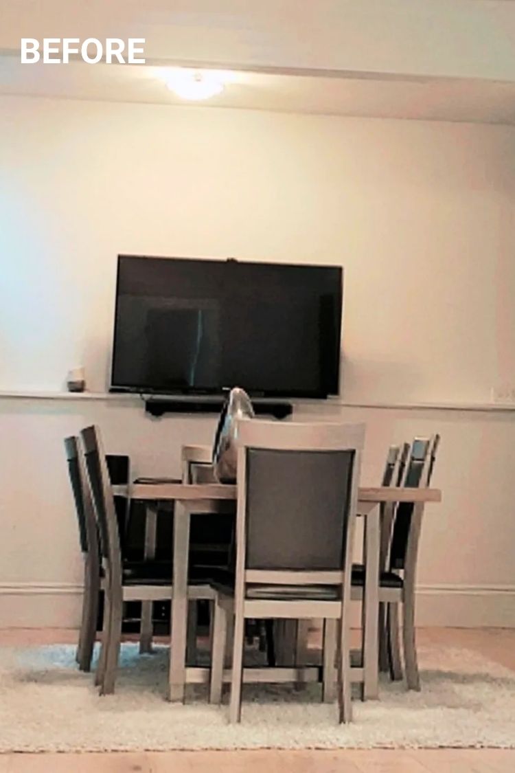 Before – Small dining set and TV in corner