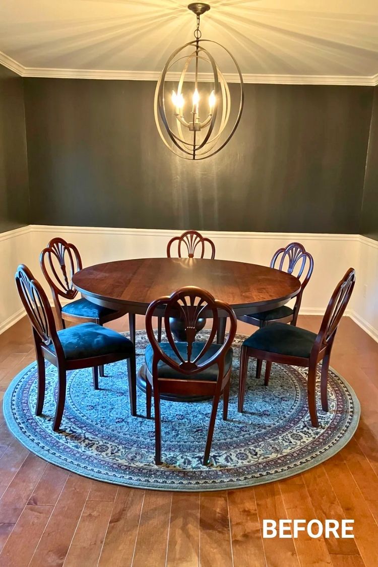 Before – Wooden table and chairs on blue rug