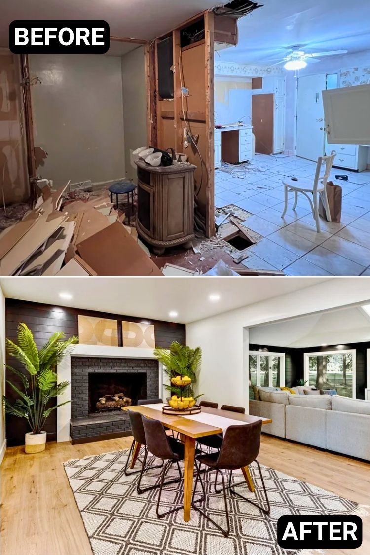 Renovated dining room with fireplace