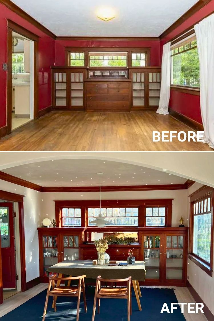Sunroom dining space with red walls and new rug