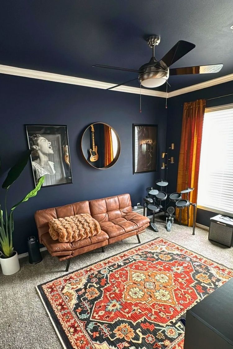 cozy bold navy music room