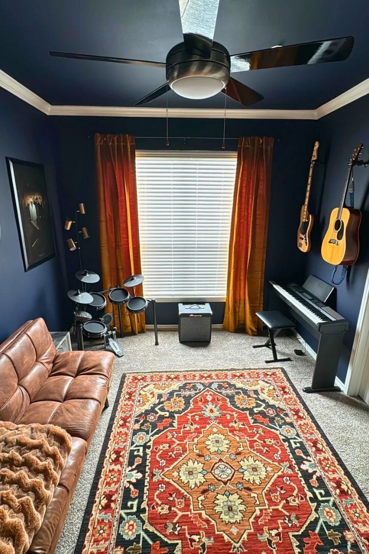 cozy bold navy music room