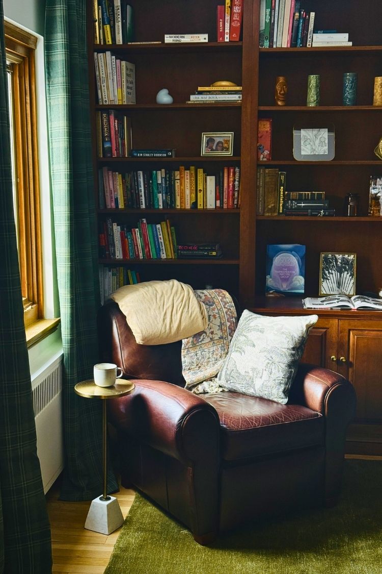 cozy home library with dark vibe