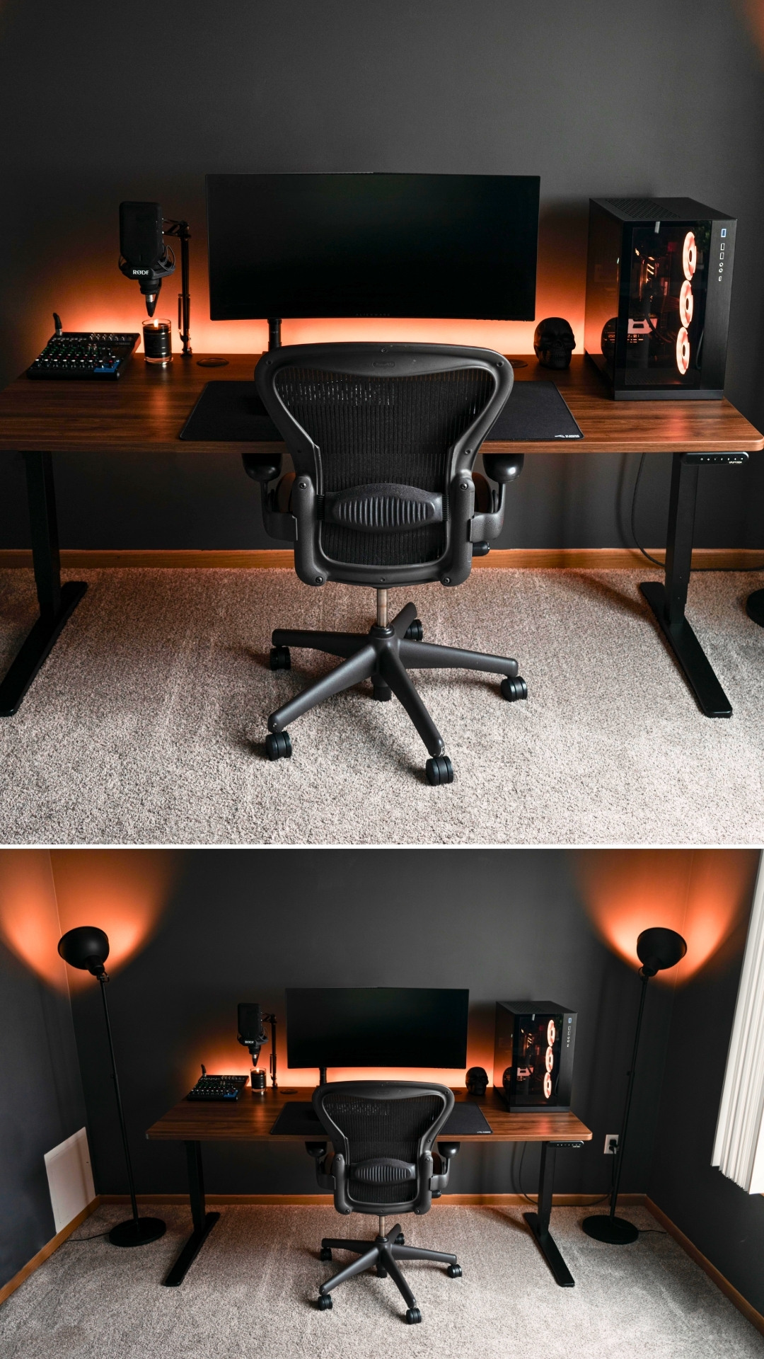 Black And Walnut Minimalist Gaming Desk Setup With Warm Lighting