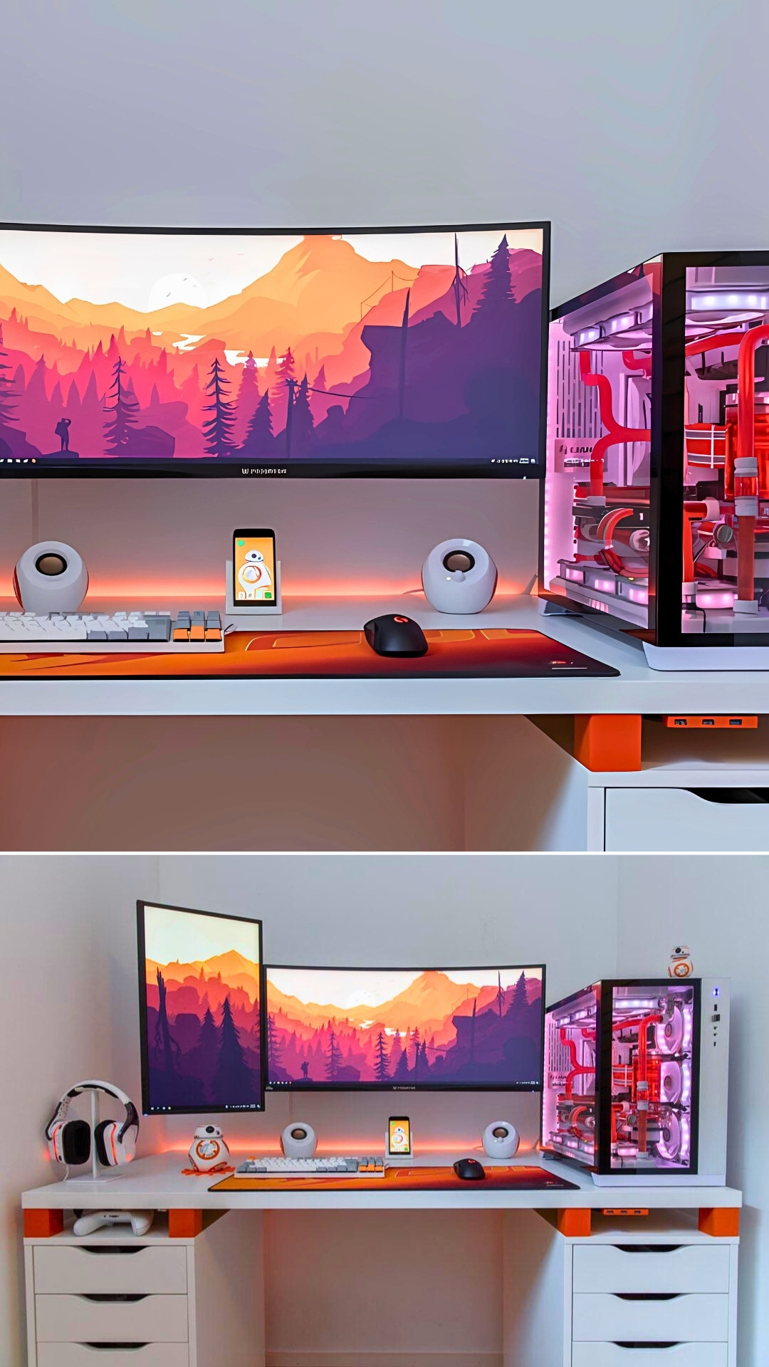 Clean White Desk With Orange Accents And Dual Monitors In Small Minimal Gaming Setup