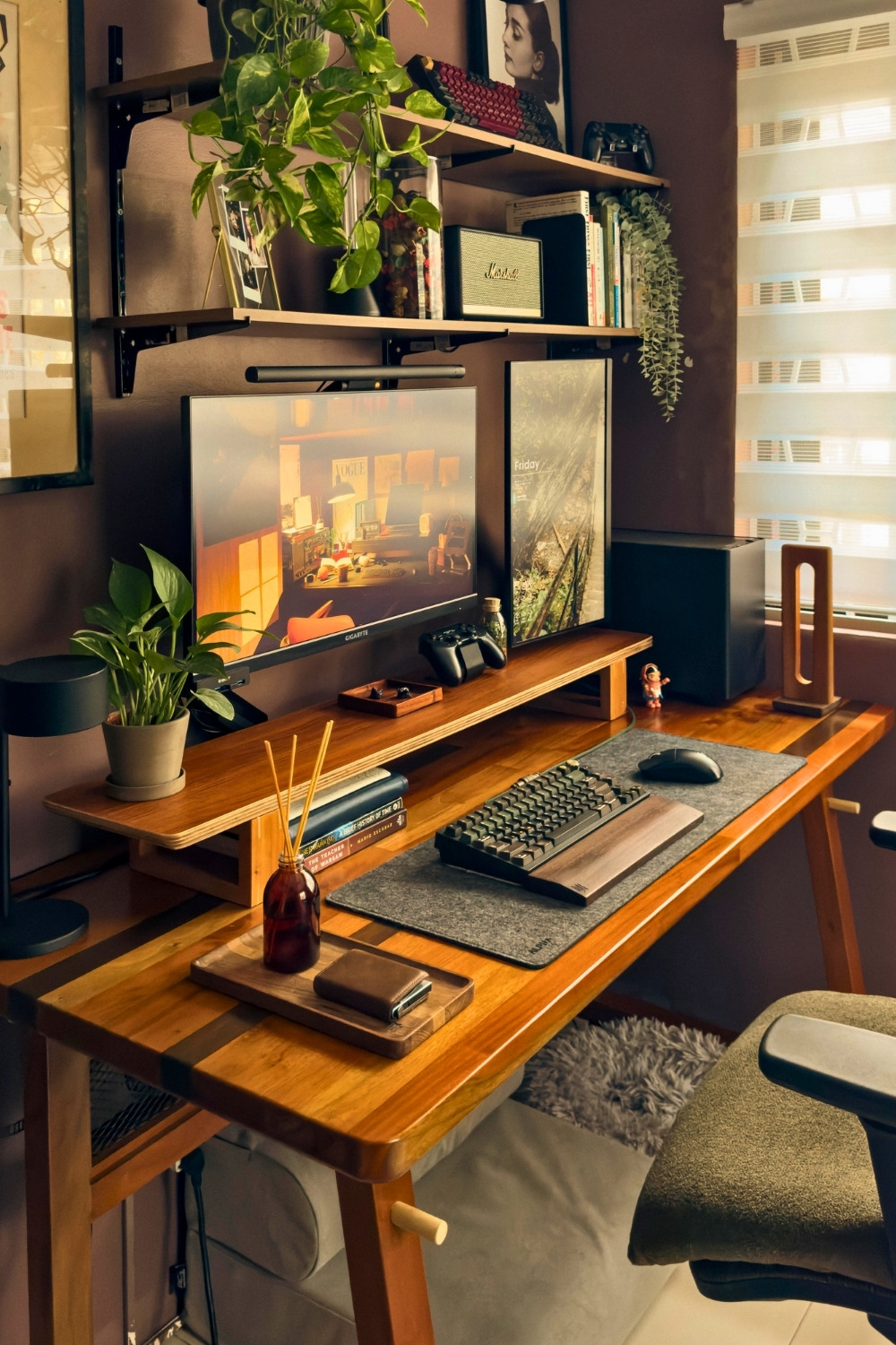 Cozy Dark Wood Desk With Plants and Warm Lighting for a Minimal Aesthetic