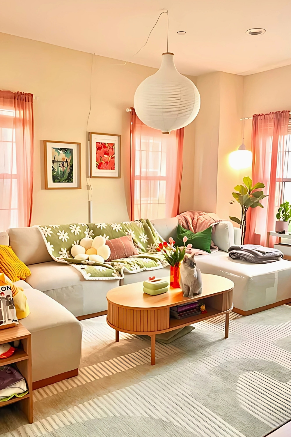 Cozy Feminine Small Apartment Living Room With Pink Curtains Daisy Throw And Modern Coffee Table