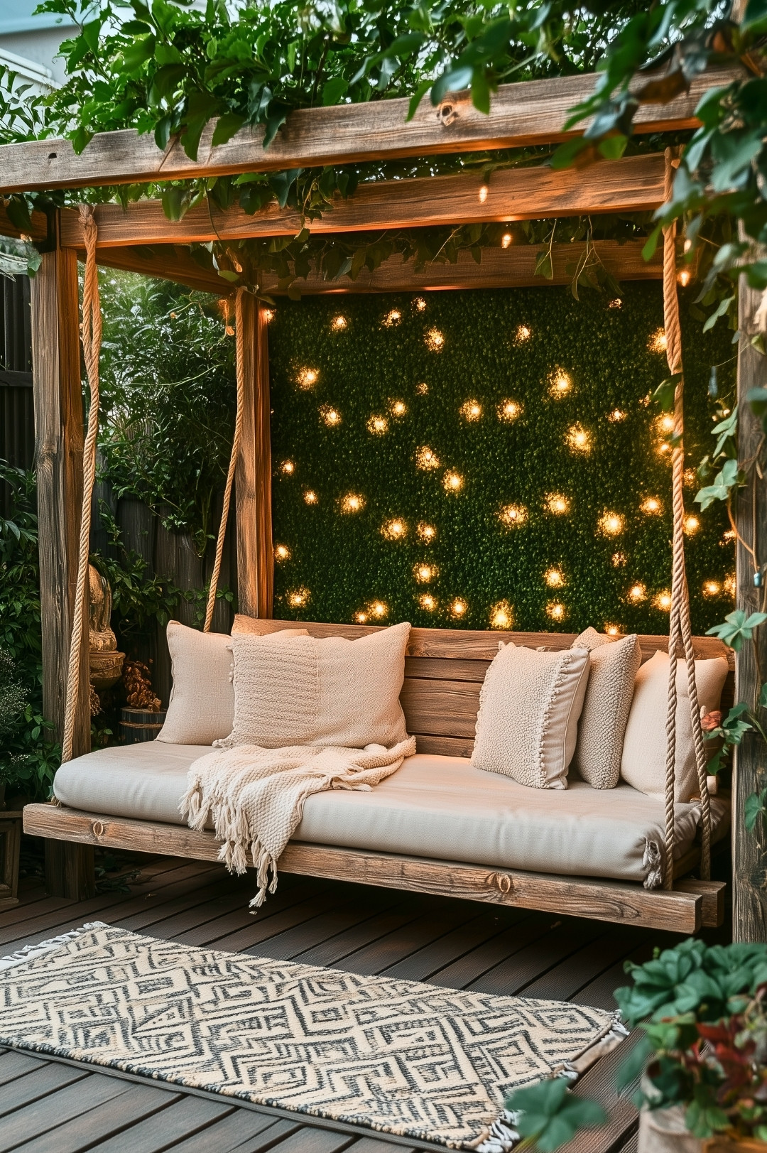 Cozy Garden Swing Reading Nook with Soft Lighting and Neutral Cushions