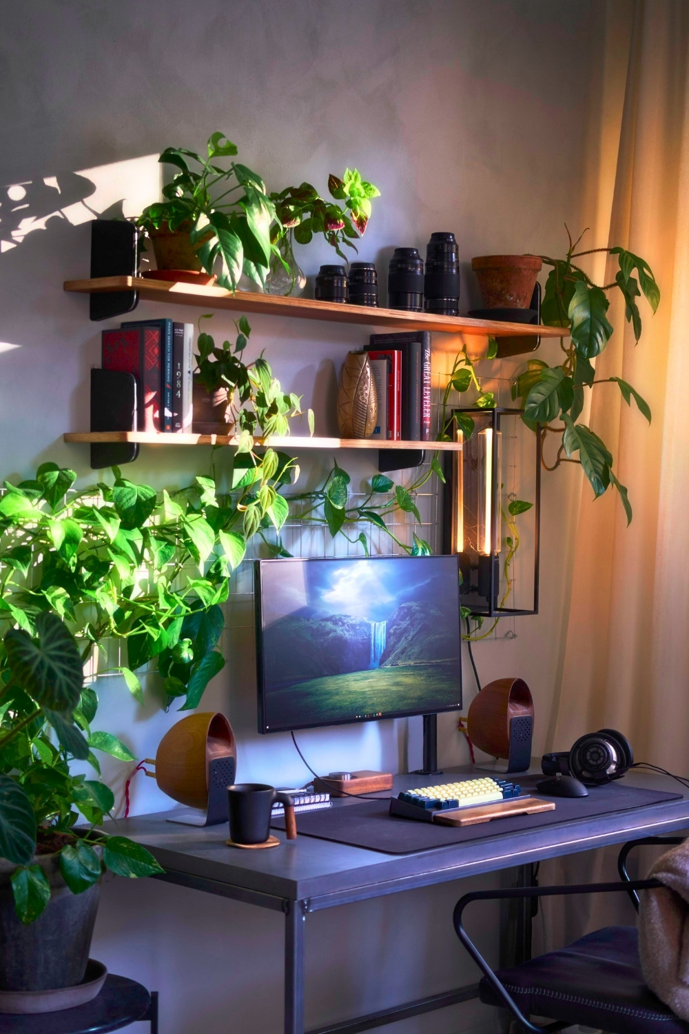 Cozy Wood And Green Minimal Desk Setup Without RGB In Small Space