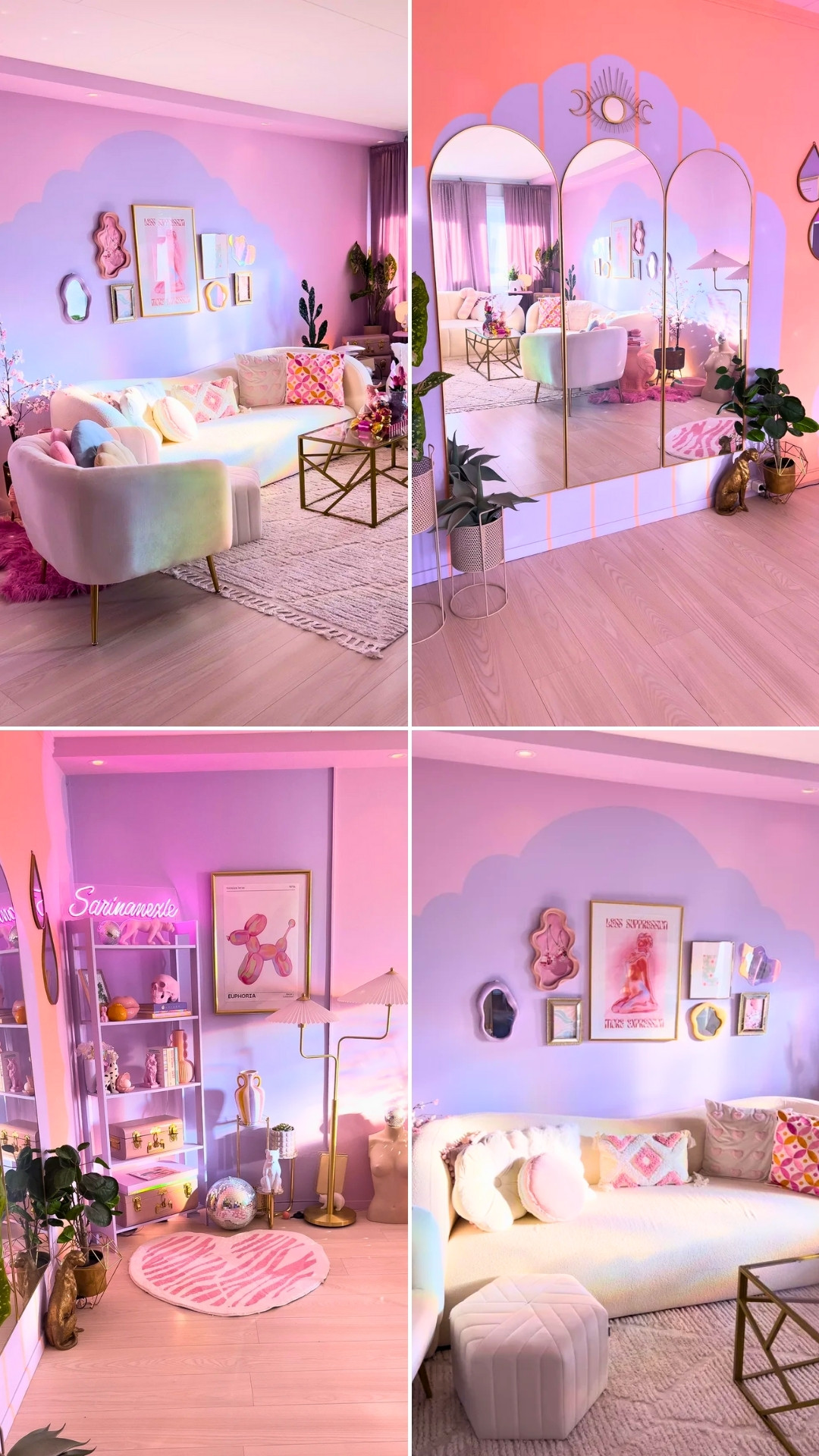 Dreamy Feminine Living Room With Pastel Mirror Accent Wall