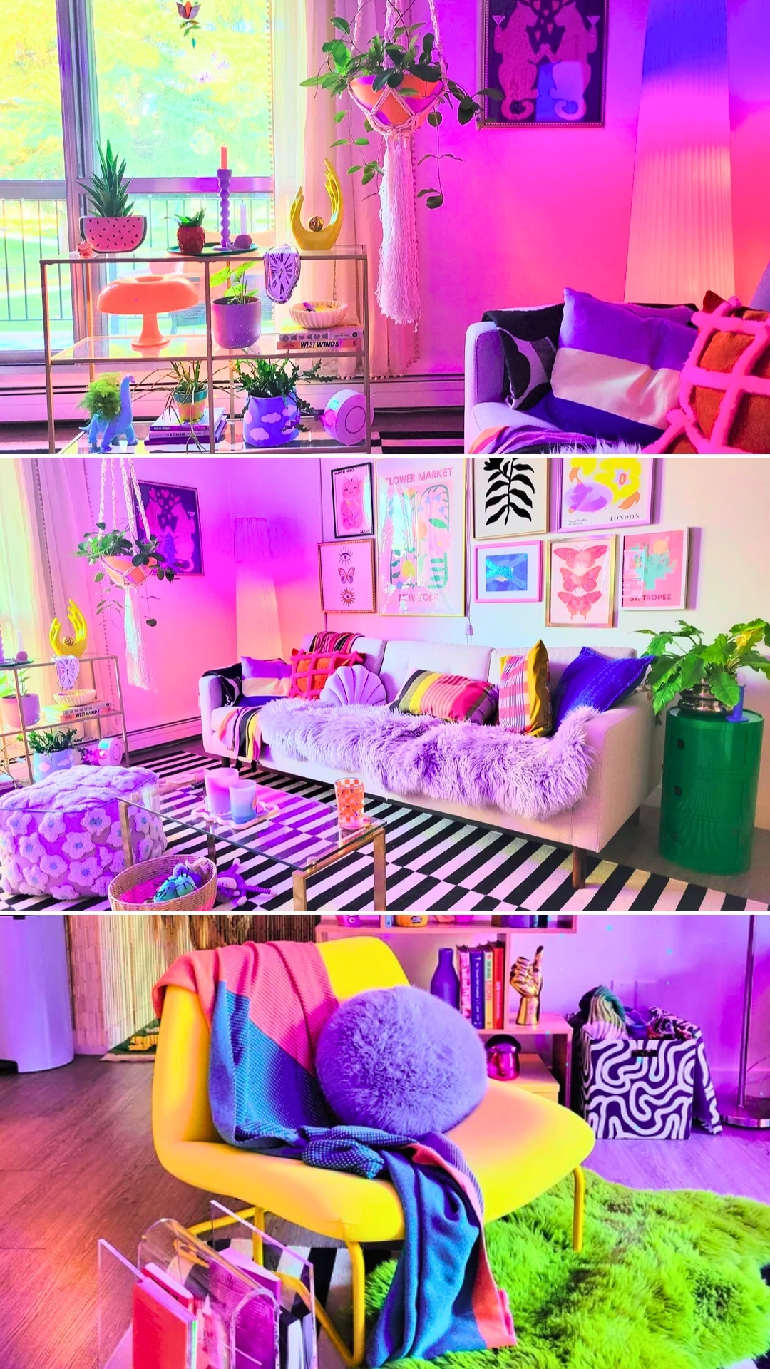 Eclectic Small Apartment Living Room With Bold Pink Lighting Black Stripe Rug And Colorful Decor