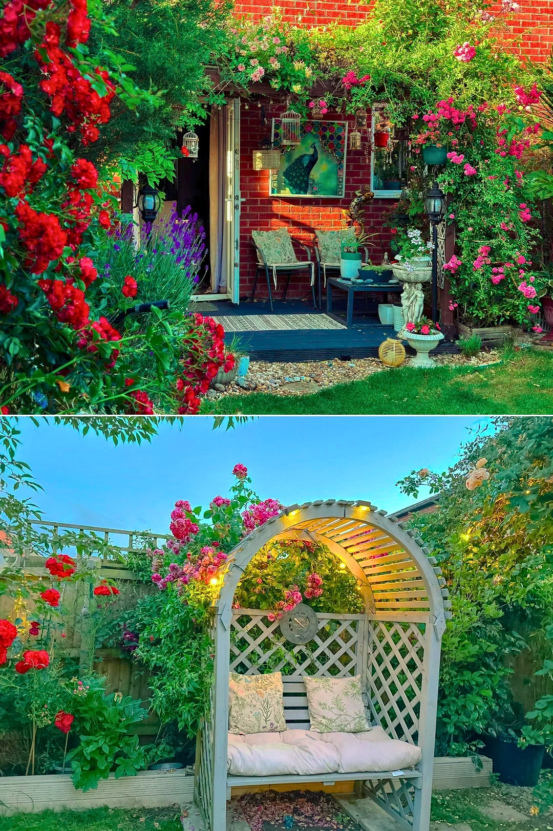 Fairy Garden Nook With Floral Arch and Soft Lighting
