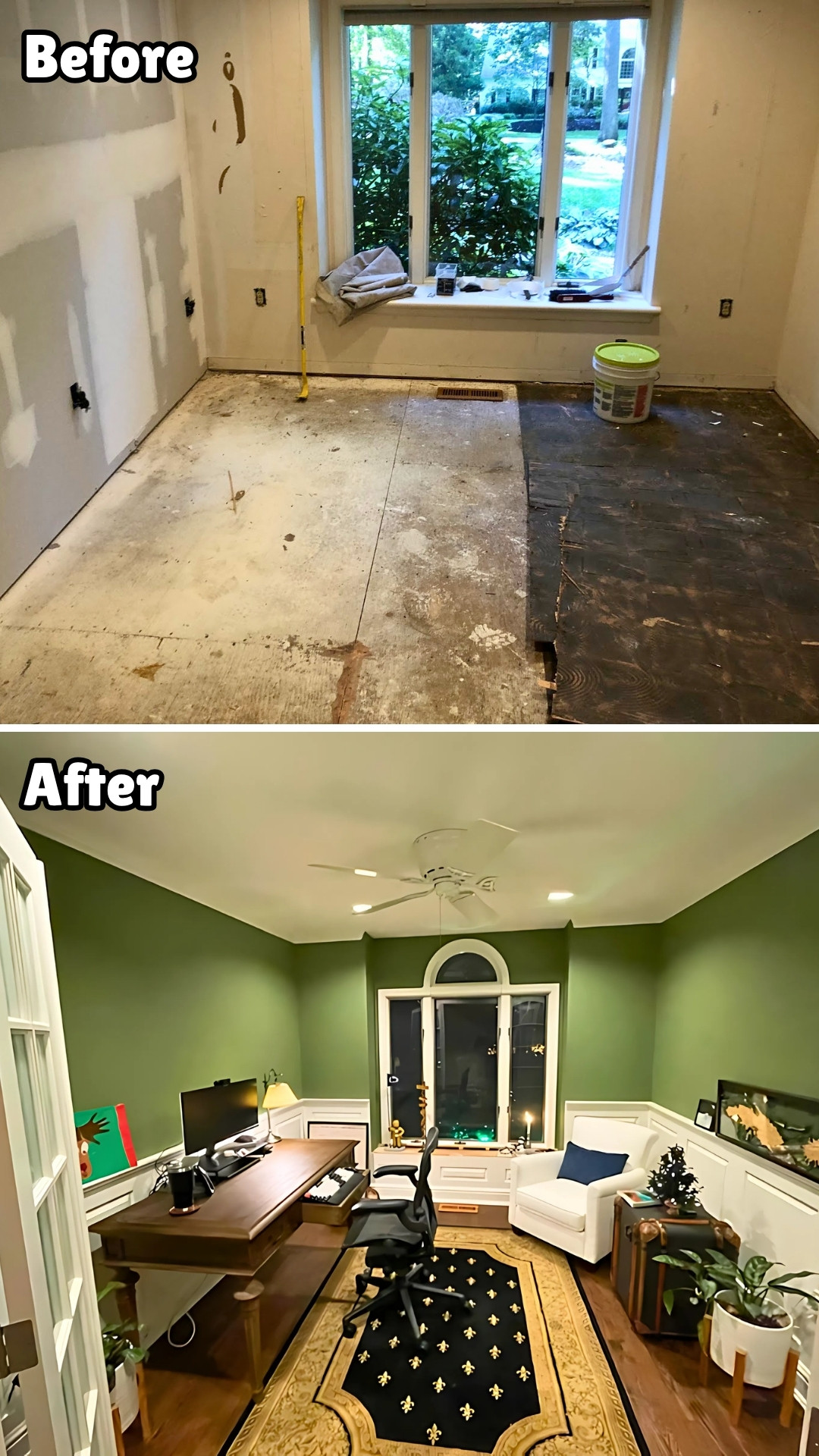 Green Colonial Office Remodel With Cozy Vibes