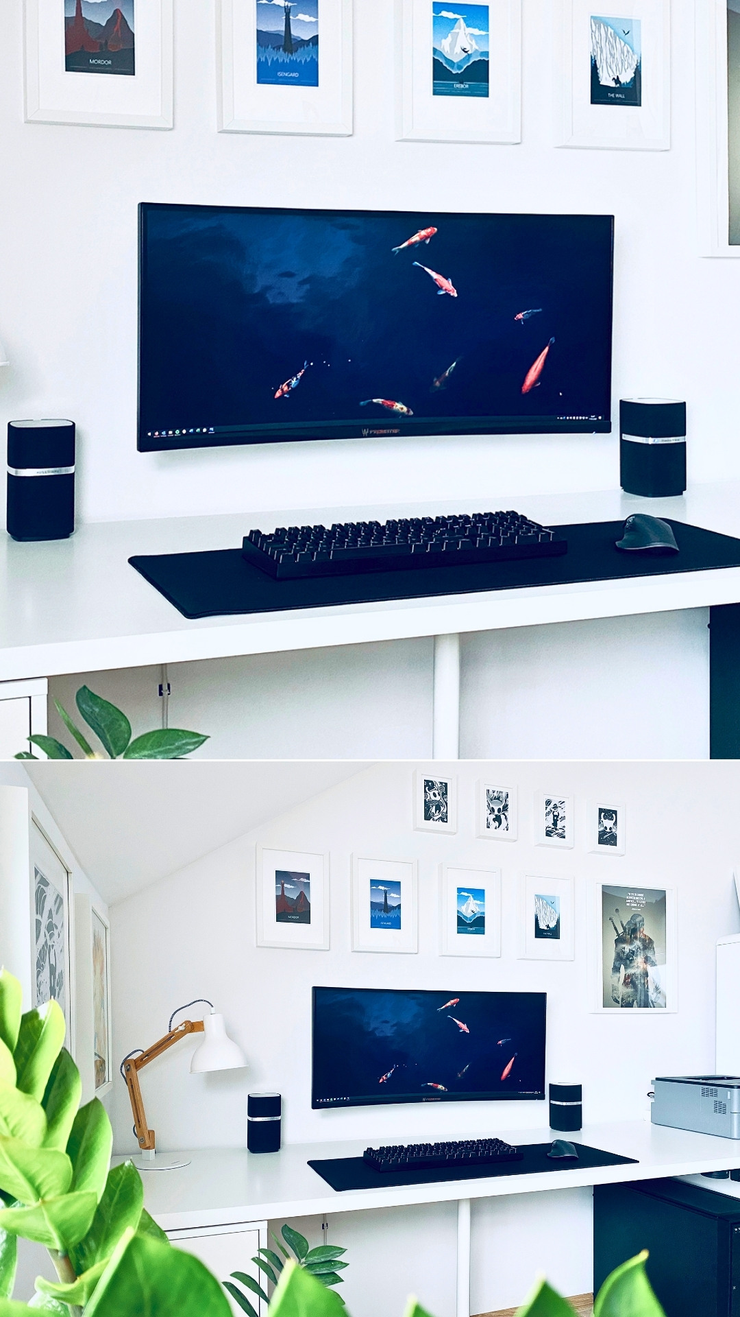 Minimal White And Black Wall-Mounted Ultrawide Desk Setup For Small Space
