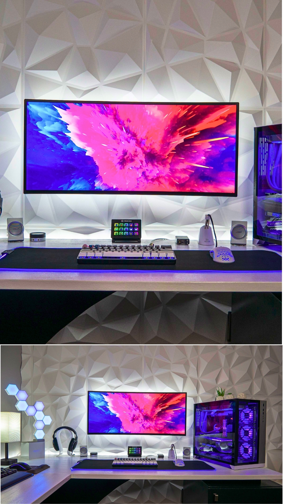 Minimal White Desk With Wall-Mounted Ultrawide And 3D Panels For Small Gaming Space