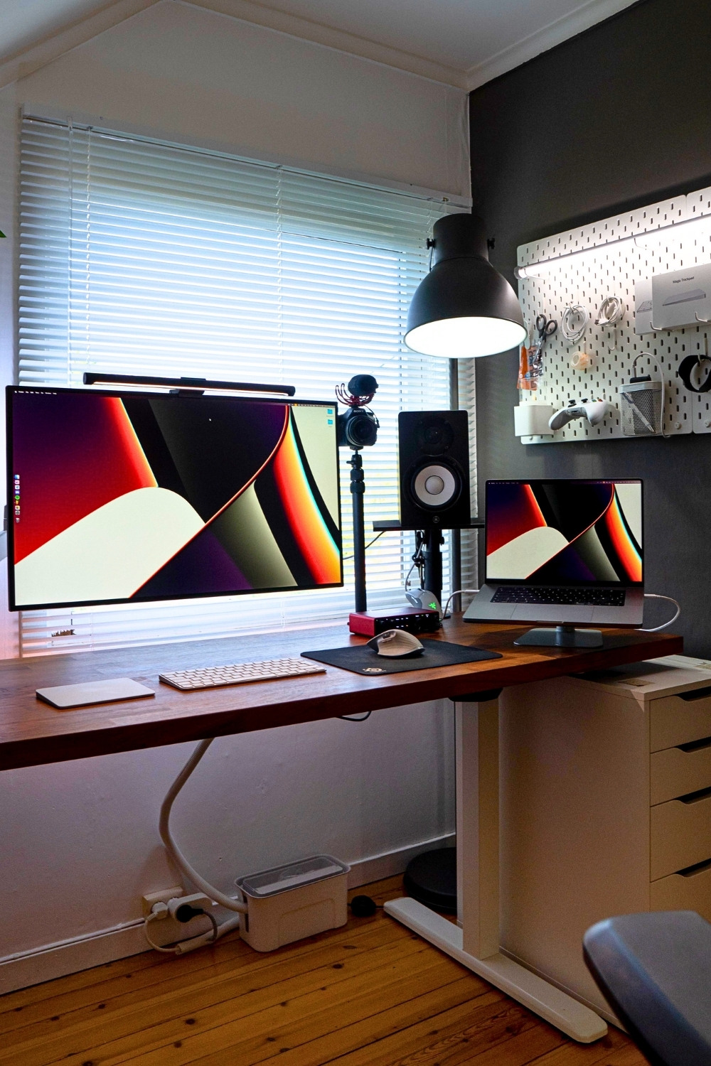 Minimal Wood Desk With Floating Display & Pegboard Setup