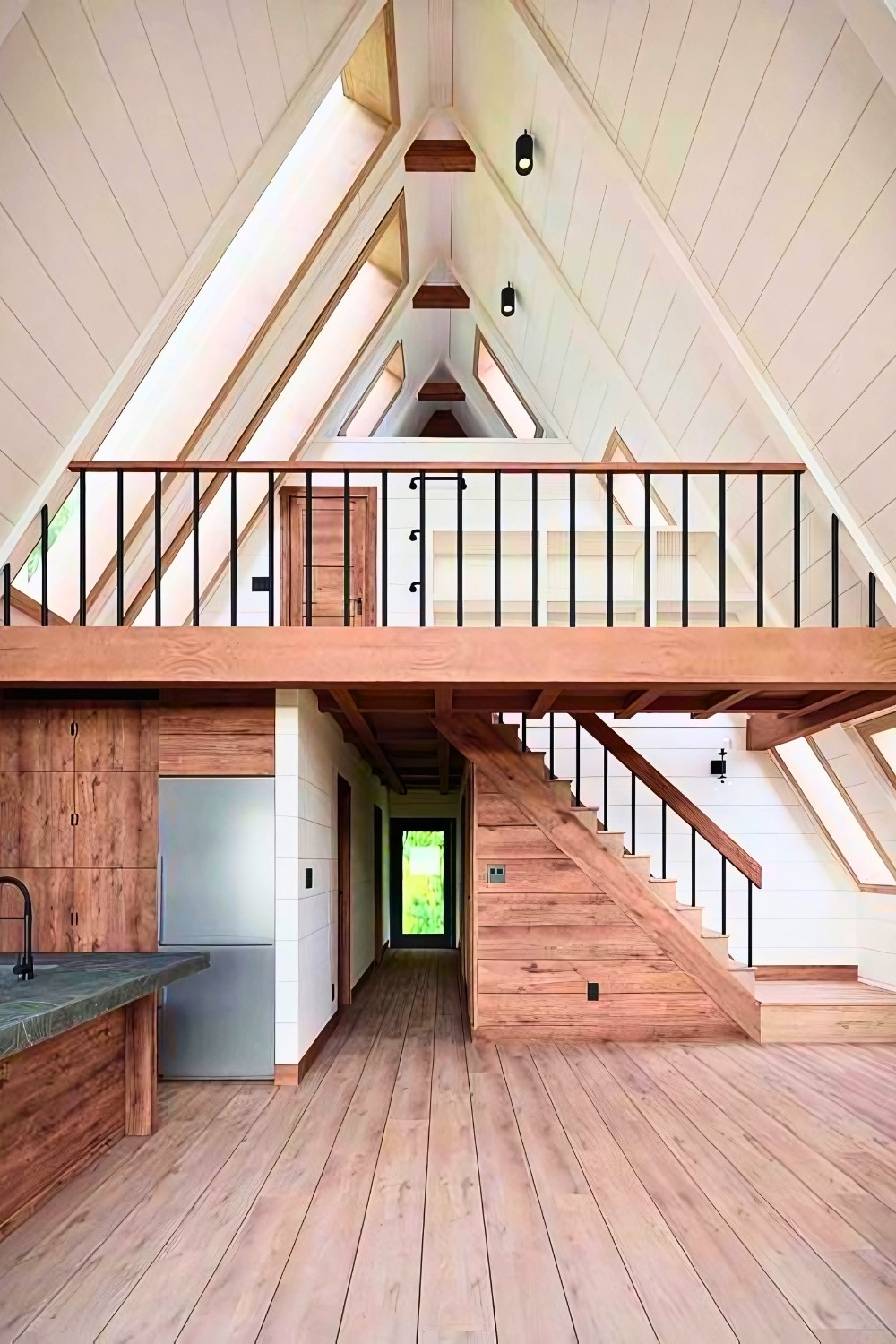 Minimalist A-Frame Interior With Loft, Wood Accents, and Rustic Modern Design