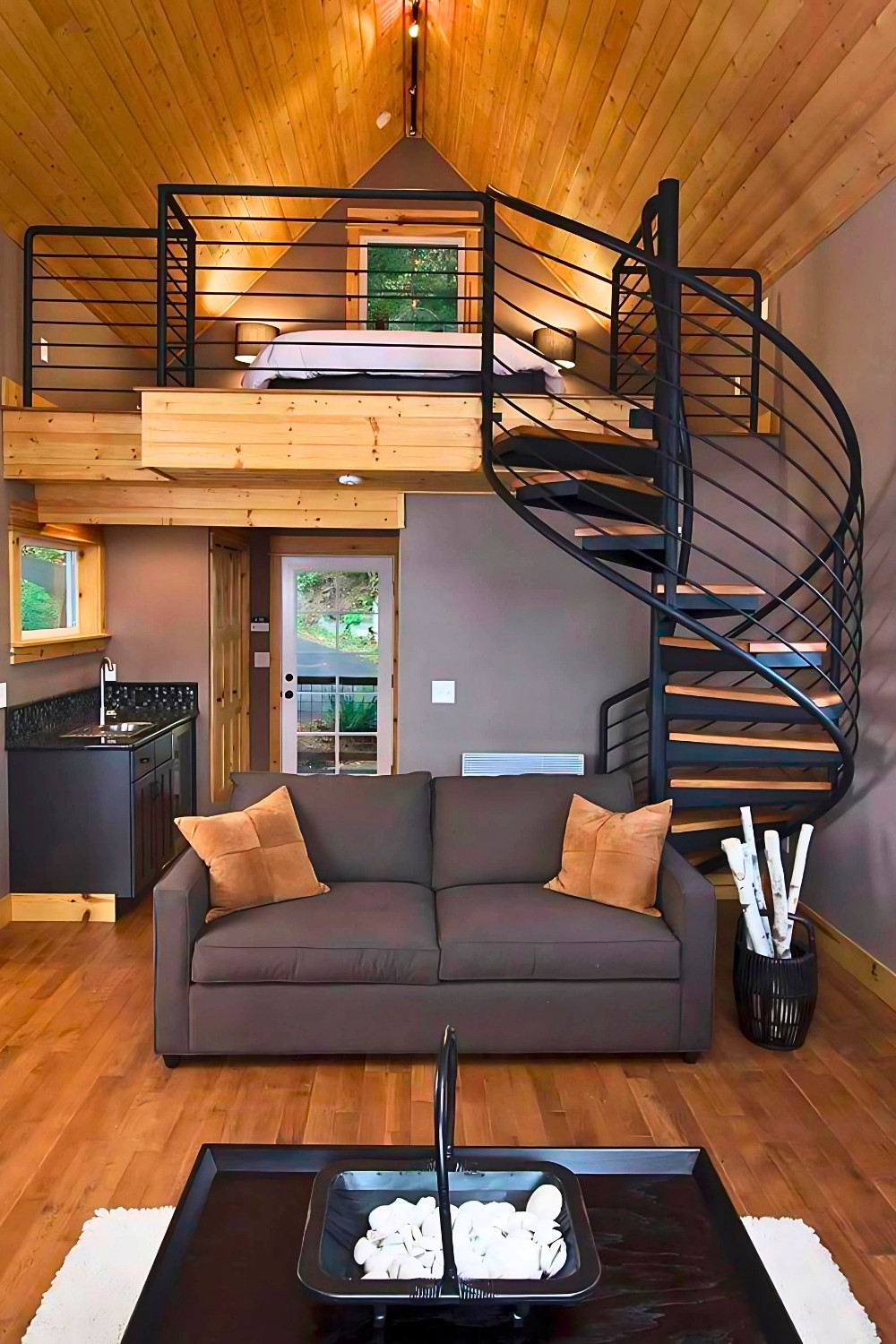 Modern Spiral-Stair Loft Cabin – Compact Wood Interior with Black Metal Accents & Smart Design
