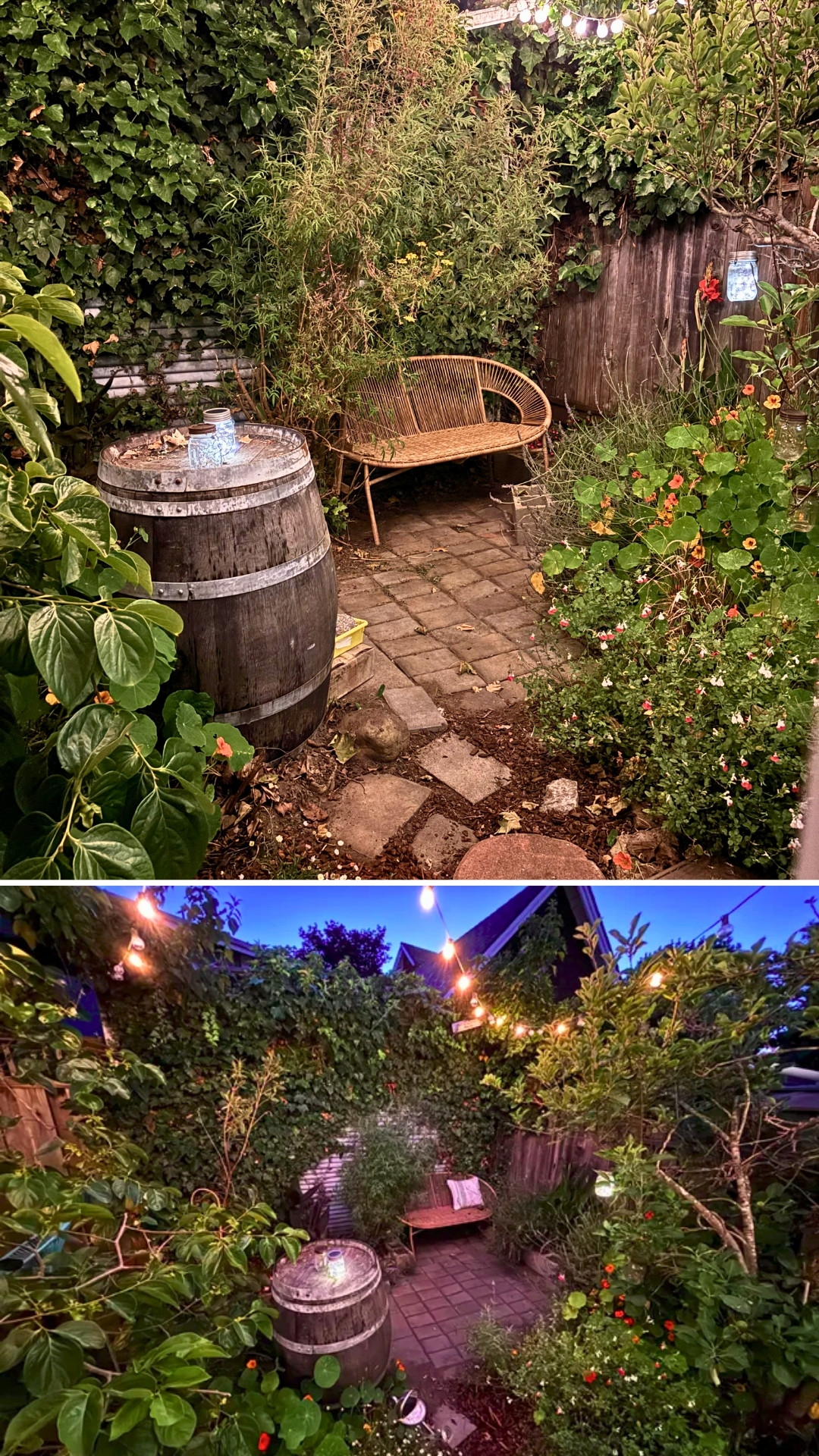 Rustic Backyard Reading Nook With Barrel Table and Lush Greenery