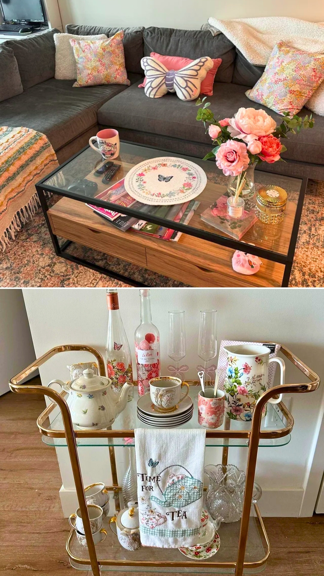Soft Girly Living Room with Butterfly Details and a Floral Tea Cart